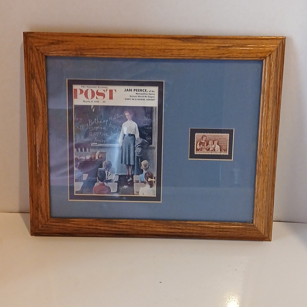 Framed & Matted Norman Rockwell Evening Post 1954 Stamp National Teacher Assocat